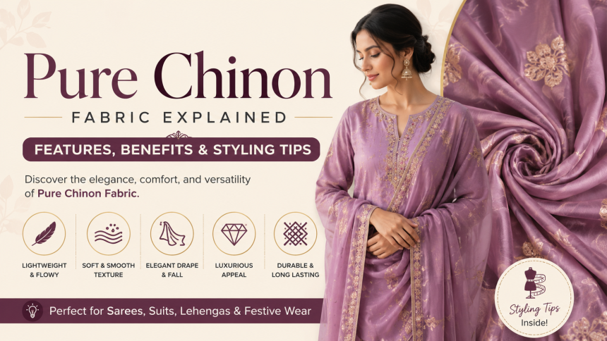 Pure Chinon fabric infographic with elegant ethnic wear and styling tips.